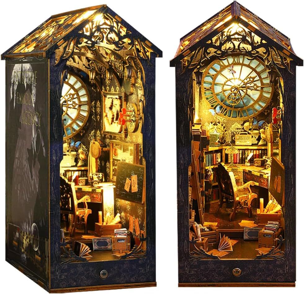 DIY Book Nook Kit Decor - 3D Wooden Puzzle Bookshelf Decor with LED, Bookend Diorama DIY Miniature Dollhouse Kit Crafts Hobbies Gifts for Adults (Dete