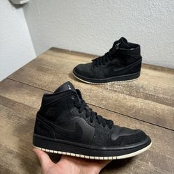 Size 7.5W- Air Jordan 1 Mid Black Glitter Women's Black Cat Shoes Sneakers