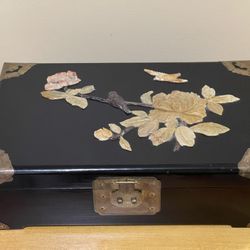 Vintage Black Lacquer Jade Floral Jewelry Box