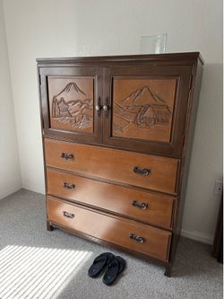 Antique JAPANESE WOODEN CARVED TALLBOY DRESSER AND SIDE TABLES