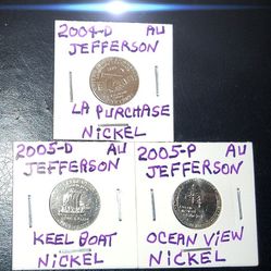 2004-D & 2005-D & 2005-P JEFFERSON MIXED NICKEL SET IN AU CONDITION !