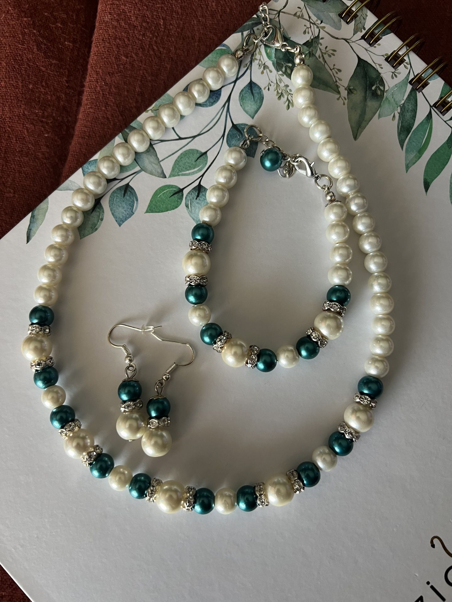 Teal, Pearl, And Diamond Necklace Bracelet Earring Set