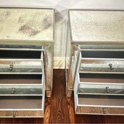 Pair of Mirrored Night/Side tables. Three Drawers. 24.25”L 17.75”D 30.5”H