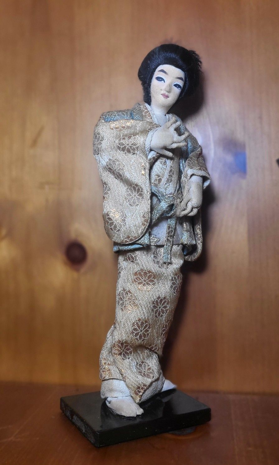 15" Vintage Asian Geisha Doll ON Wooden Stand 