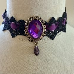 Victorian Gothic Lace Choker Necklace w/ Purple Faceted pendant 