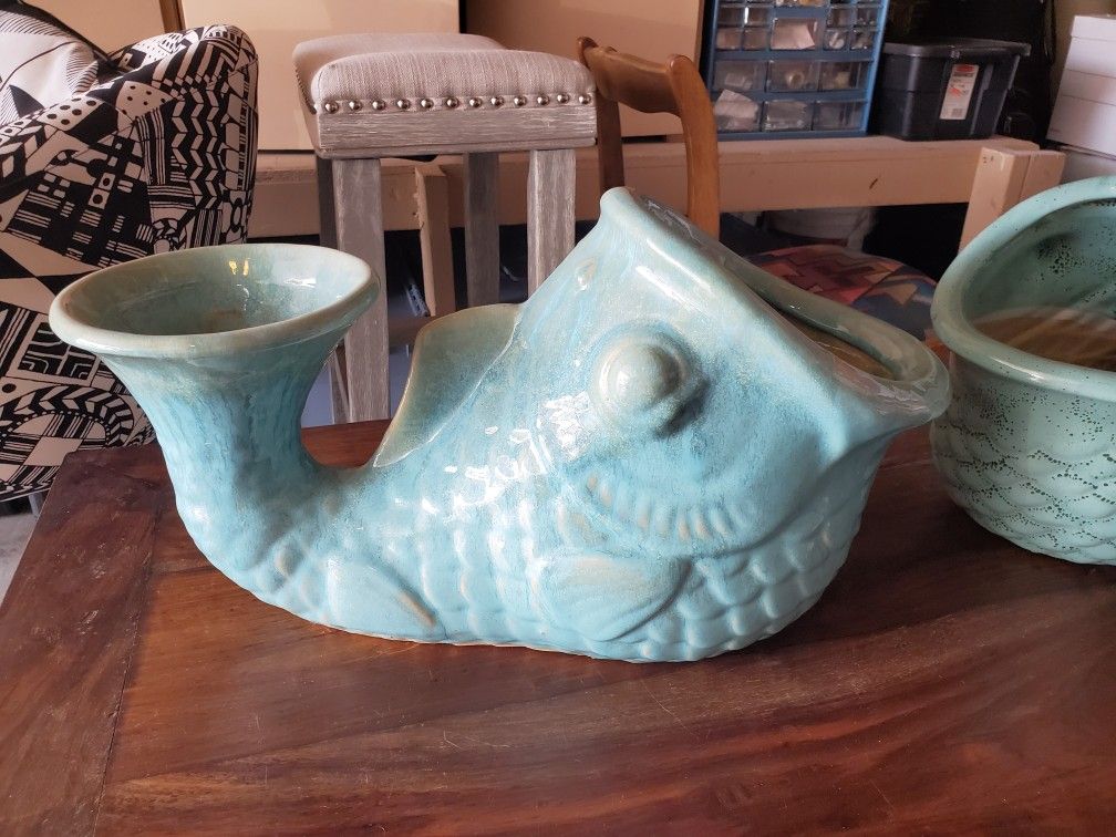 Two Ceramic Blue Fish Planters