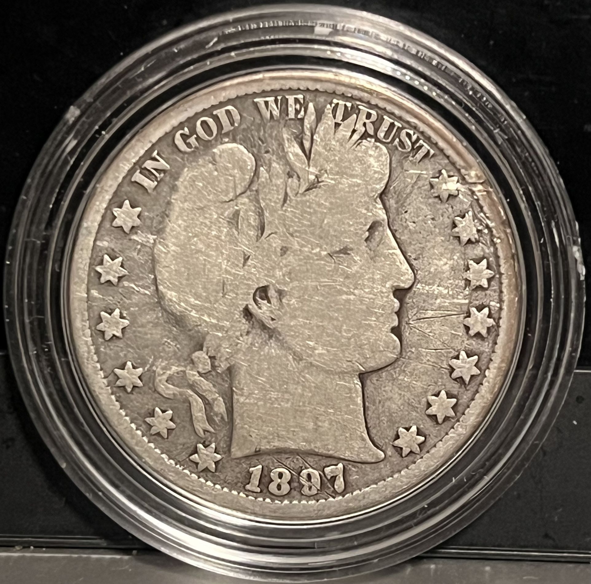 1897 P Barber Half Dollar • Philadelphia Mint • 90% Fine Silver Ungraded Coin • VG Very Good Condition in Protective Capsule