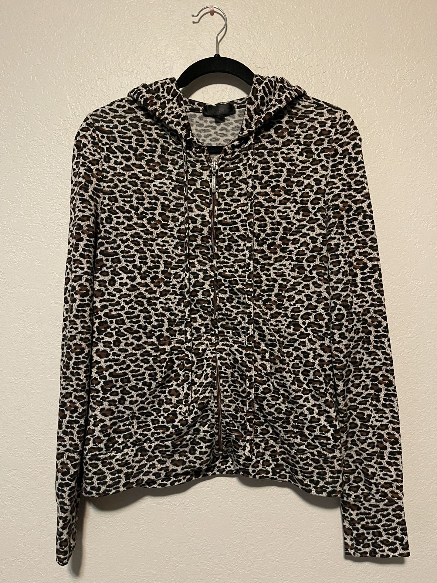 Iris, Women’s Brown Cheetah Print Zipper Hooded With Pockets Jacket, Size L