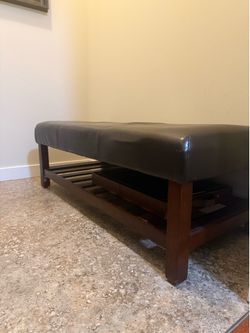 Dark Wood Entryway Bench with Faux Leather Cushion
