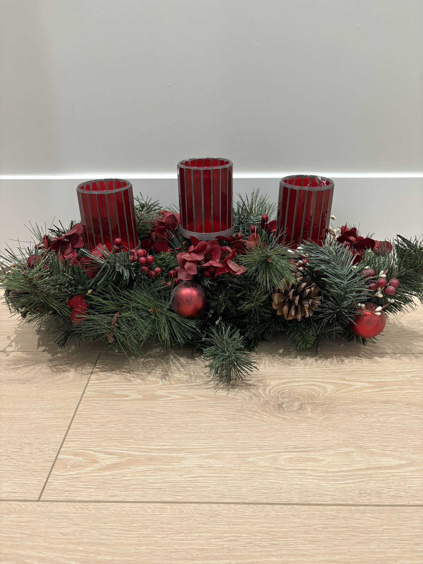 Christmas Garland Centerpiece 3 Candle Holders with Red Ornaments, Table Decor