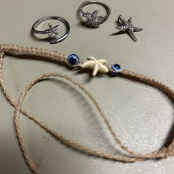 Starfish jewelry set; bracelet, 2 rings, charm 