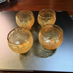 vintage mid-century modern (MCM) Empoli Italian amber diamond point roly poly cordial glasses.