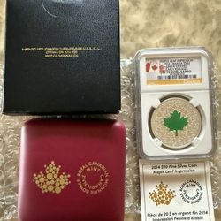 2014 1oz NGC PF70 ULTRA CAMEO CANADA MAPLE LEAF IMPRESSION GREEN ENAMEL SILVER COIN 