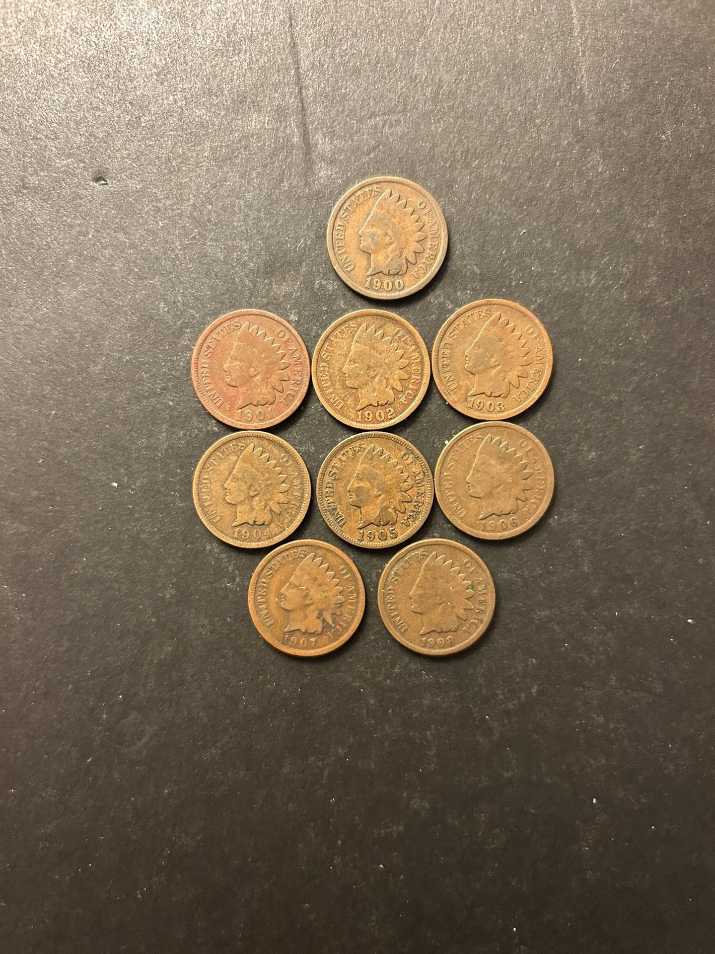 Coins – Indian pennies – 1900/01/02/03/4/05/06/07/08 - all Philadelphia Mint - Total 9 Coins