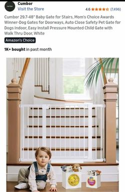 NEW IN BOX-Cumbor 29.7-48" Baby Gate for Stairs, Mom's Choice Awards Winner-Dog Gates for Doorways, Auto Close Safety Pet Gate for Dogs Indoor, Easy I