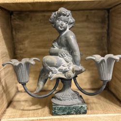 Pewter Candelabra Featuring A Cherub on Green Marble Base