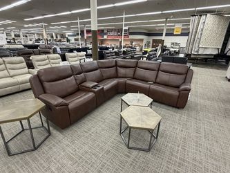 Brown Leather Reclining Sectional - Medium Brown | L-Shaped Couch | Corner Couch