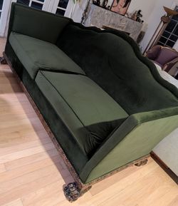Green Velvet Sofa with Carved Wood Frame