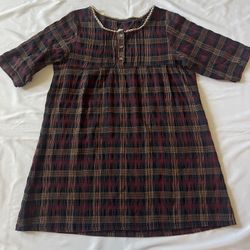 Checker Plaid Dress Short Sleeve Top Tee Shirt Button Front Round Neck Women Red