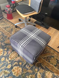 Gray Plaid Upholstered Square Ottoman