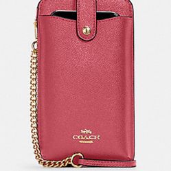 Coach North/South Phone Crossbody Crossgrain leather Gold/Rouge Retail $228 🧡🩷