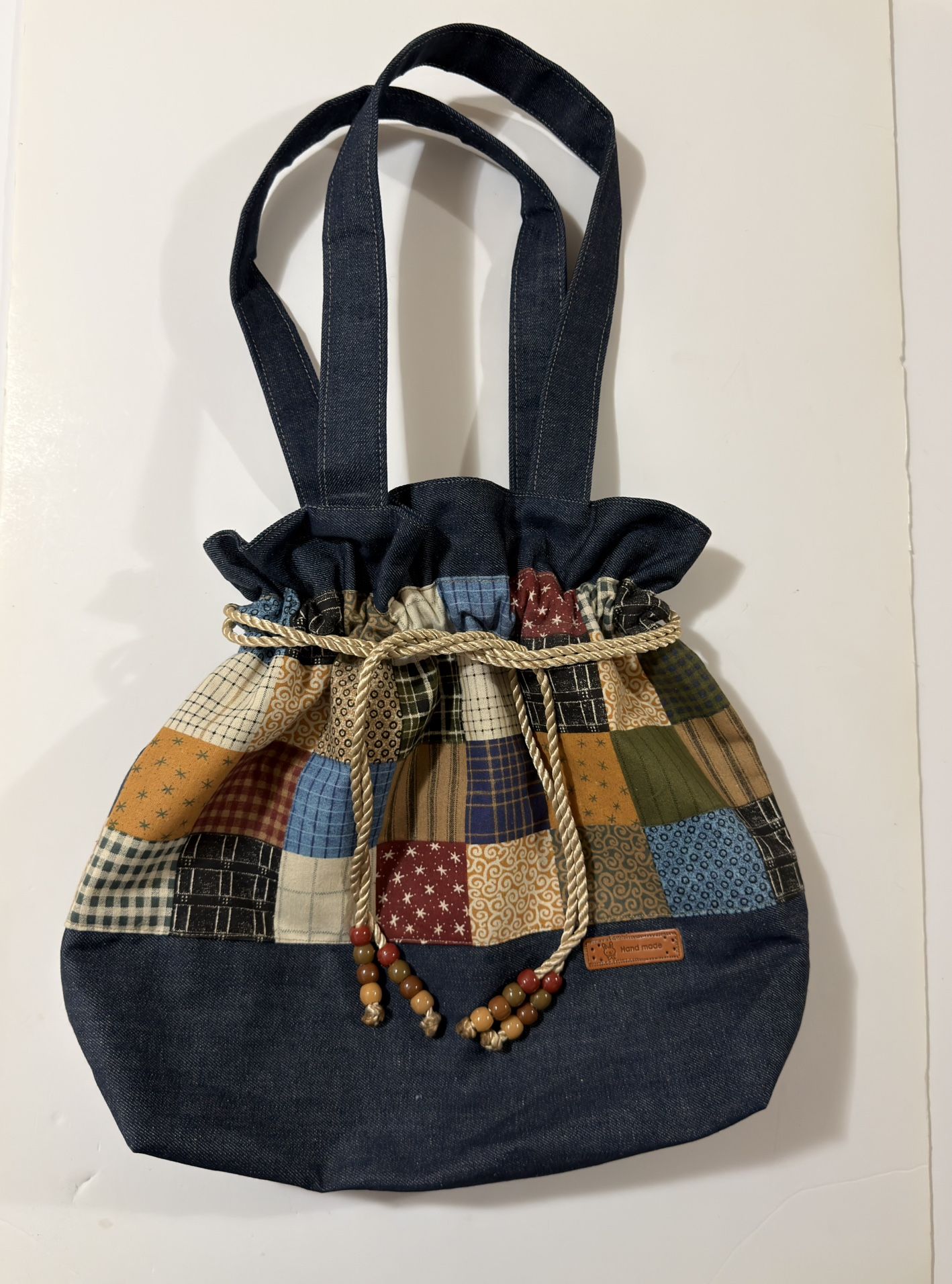 Denim Blue With Brown Patch Work Print Medium 18X16 inches Drawstring Tote Bag