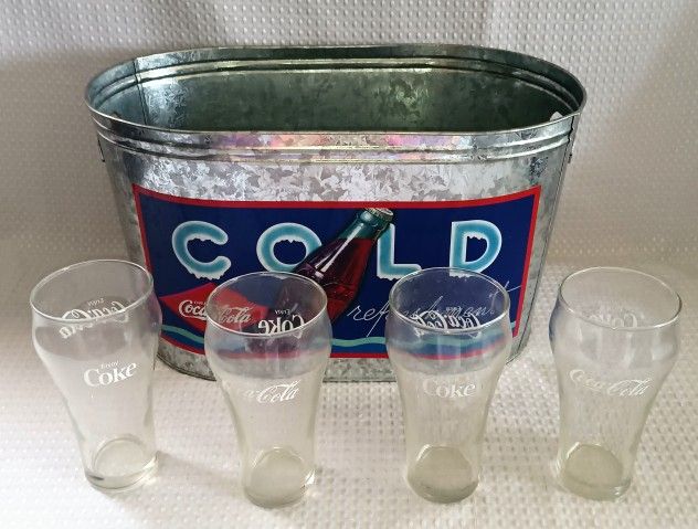 Cold Coca~Cola Refreshment Metal Party Ice Tub With Vintage Glass Coke Cups $15 For All!