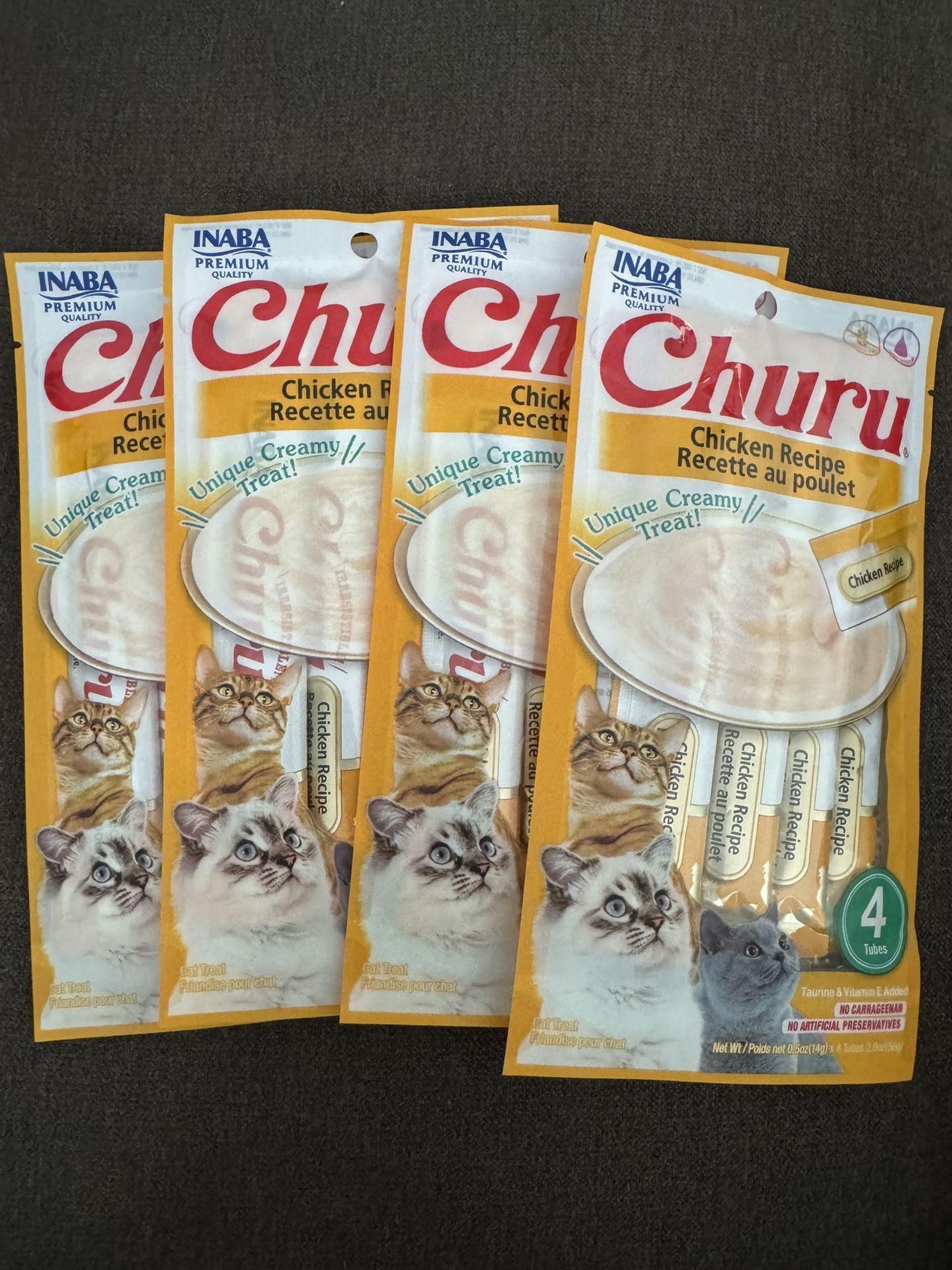 INABA Churu Cat Treats, Grain-Free, Lickable, Squeezable Creamy Purée Cat Treat/Topper with Vitamin E & Taurine, 0.5 Oz Each Tube, 4 Tubes, Chicken