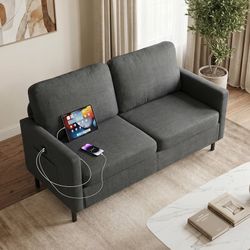 56'' Dark Grey Fabric Loveseat Small Couch with 2 USB for Living Room Sofa STHOUYN, Small Sofa, Love Seat, 2 USB Charging Ports, Comfy Cushion, Easy A