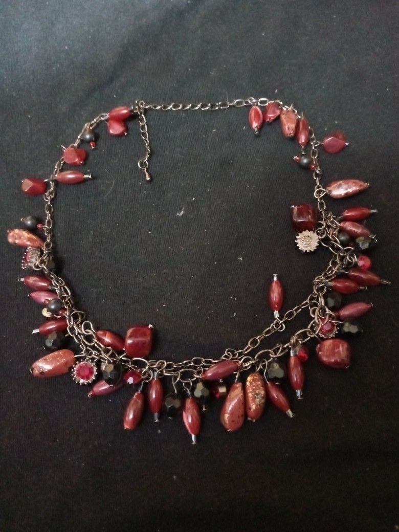 Multi Layered Red Bead Charm Necklace