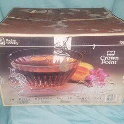 Vintage Anchor Hocking 12 Cup Crown Point Glass Punch Bowl Set 1500/8 Good Cond.