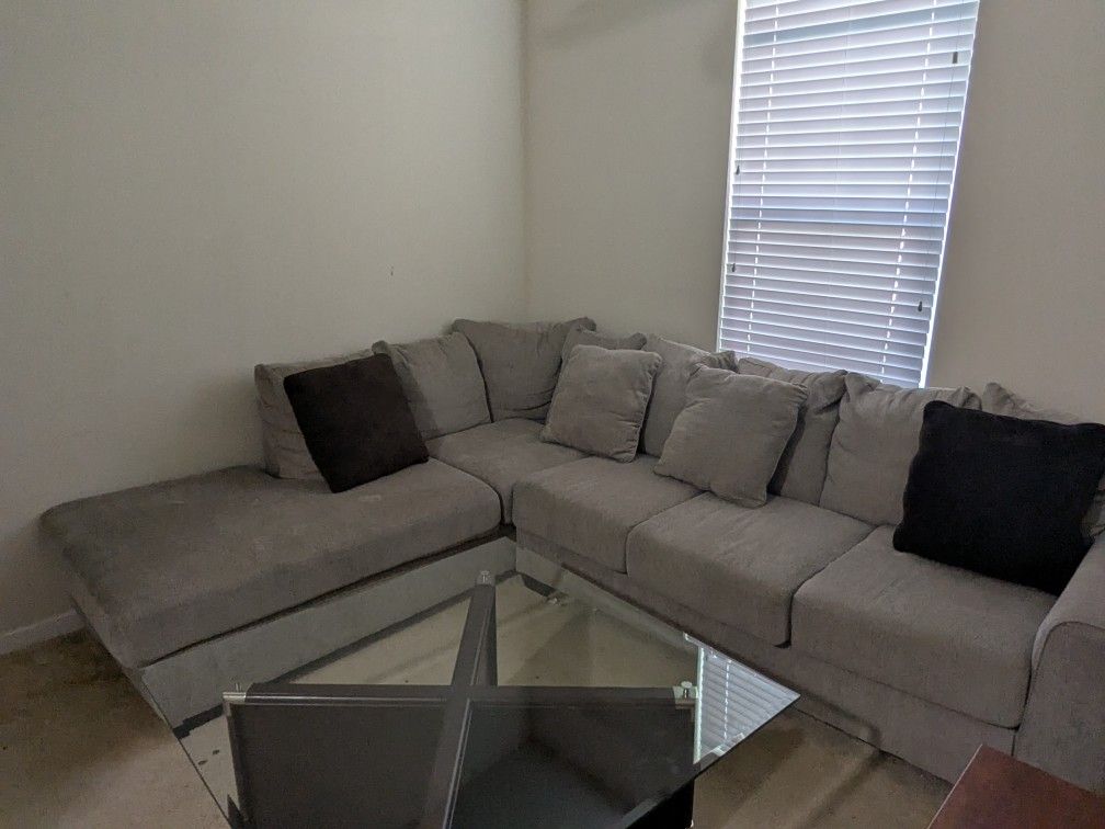 Light Grey L-shape Sofa with Pillows+Glass Top Coffee Table