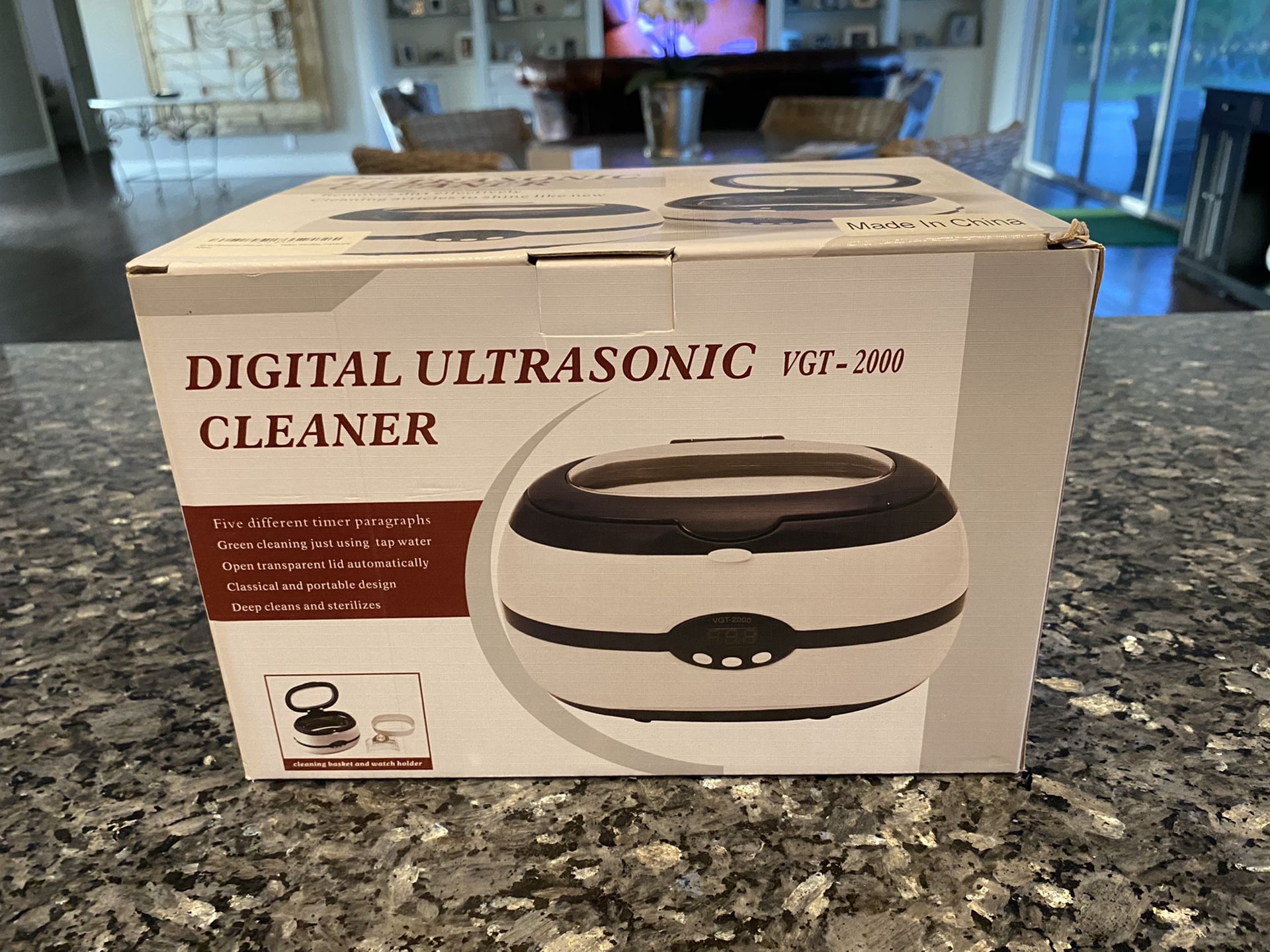 No chemicals! Ultrasonic cleaner uses water only. Stainless steel tub, clear lid for viewing. Original packaging NEVER used.