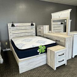🍀Come And Test İt/4-piece includes bed, dresser, mirror, and nightstand./Queen Panel Bedroom Set 