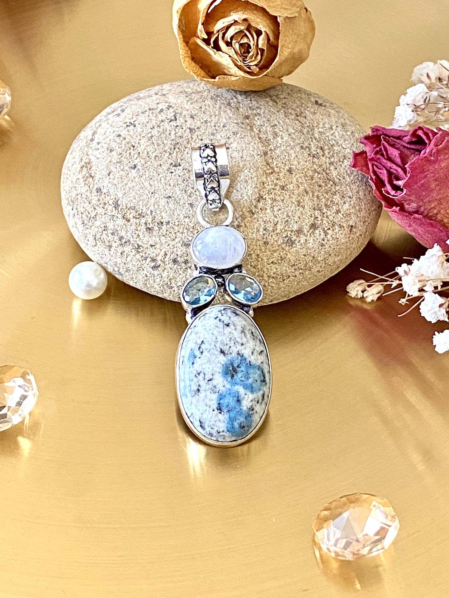 K2 Azurite, Rainbow Moonstone And Blue Topaz 925 Sterling Silver Overlay Pendant