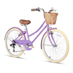 Bicicleta híbrida 6 velocidades, Glerc Missy Girl Cruiser COLOR PURPURA con cesta de mimbre cambios SHIMANO. NUEVA EN CAJA SIN DESTAPAR