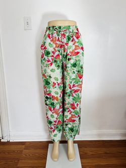 Women Summer Fashion Palazzo Floral Print Drawstring Wide Leg Pants Green M/L