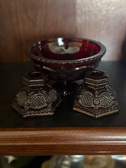 red glass candle holder and bowl