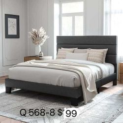 Queen Size Platform Bed Frame with Fabric Upholstered Headboard, Dark Grey (568-8)