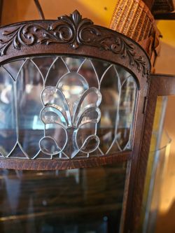 Antique Wood Cabinet with Leaded Glass Door