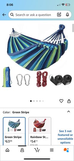 Double Hammock 2 Person Canvas Cotton Hammock with Carrying Bag for Patio Porch Garden Backyard Lounging Outdoor/ Indoor Green Stripe Hammoc
