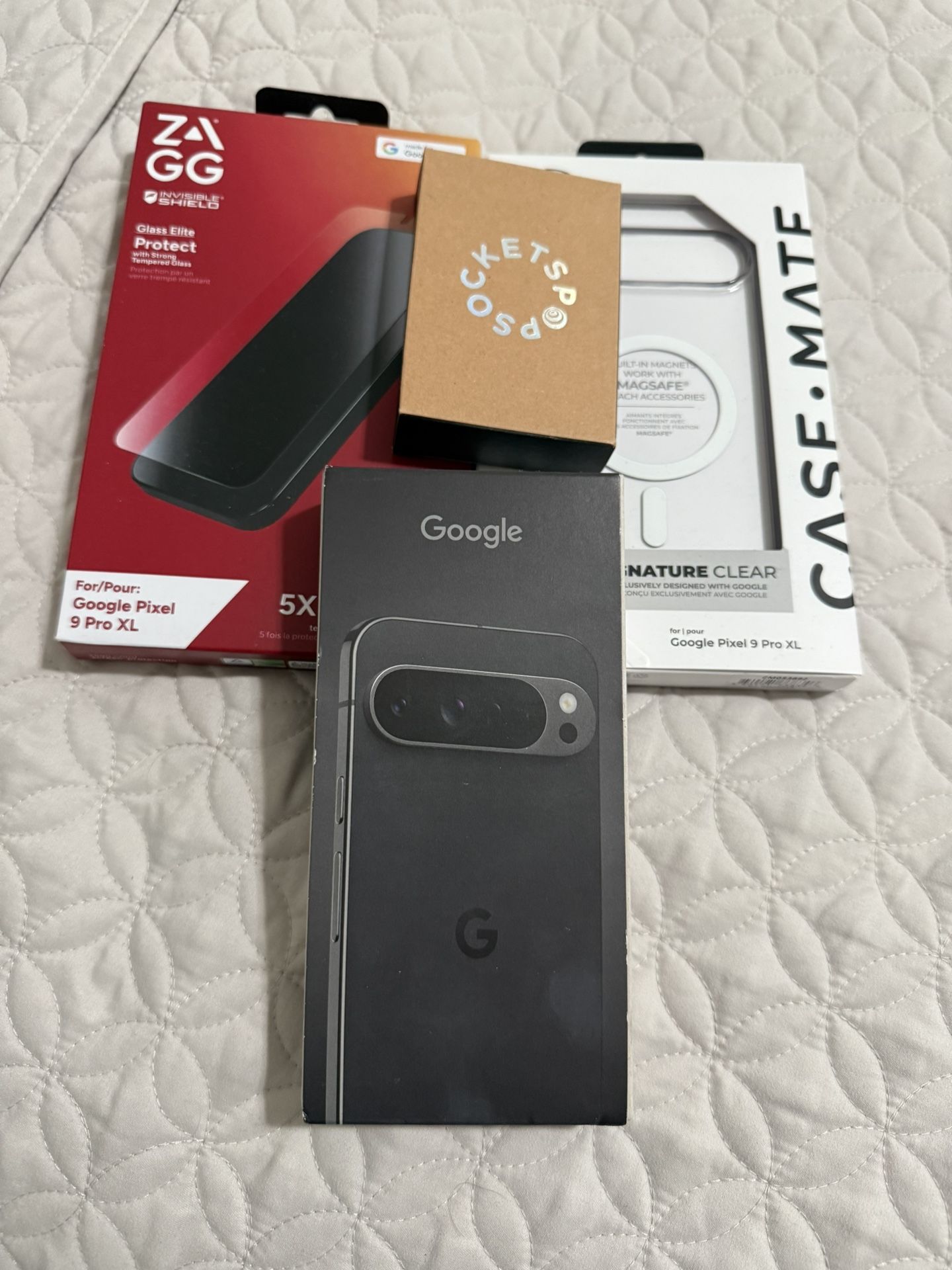 Brand New, Unlocked Pixel 9 Pro XL 256 GB phone bundle, with ZAGG Screen Protector, Case Mate case, and Popsocket