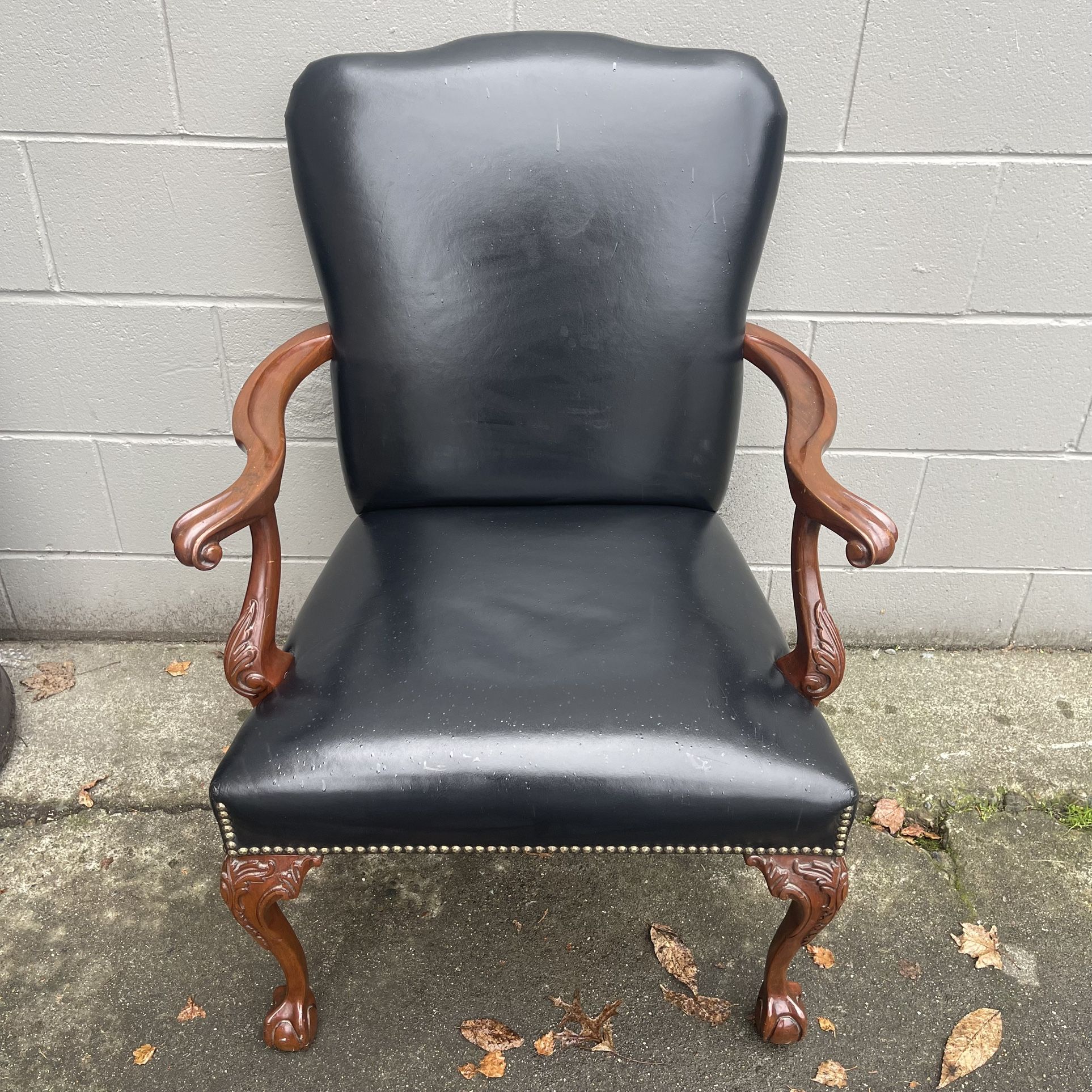 Vintage Black Leather Judge’s Armchair w/ Carved Claw Feet