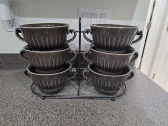 Set of 6 Ceramic Soup Bowls with Metal Rack