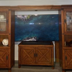 Rustic Solid wood 3-piece entertainment center / wall unit – Storage Cabinet Glass Display  excellent condition. Heavy, bring help. 