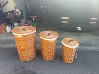 Vintage Round wicker, laundry baskets with liners set of three