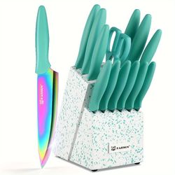 14pcs Professional Stainless Steel Rainbow Titanium Coating Kitchen Knife SetNo Rust, And Super Sharp Cutlery Knife Set with Wooden Stand And Kitchen 