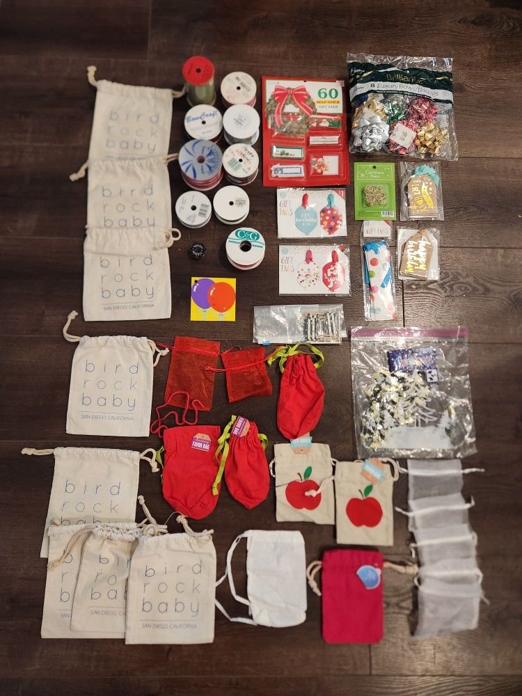Gift fabric bags, Ribnons, Gift Tags, Bows, Confettie, Favor bags etc Various 42 items,