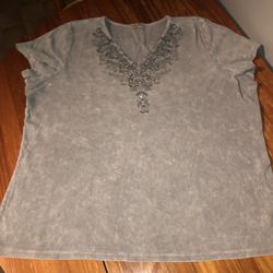 Oneworld Size 2X Grey Rhinestone Shirt 