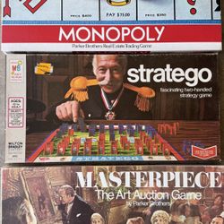 Vintage 1970s Board Game Lot – Monopoly, Stratego & Masterpiece (Complete, Excellent Condition!)